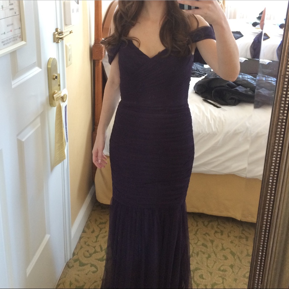 Amsale Tulle Mermaid off shoulder bridesmaid gown